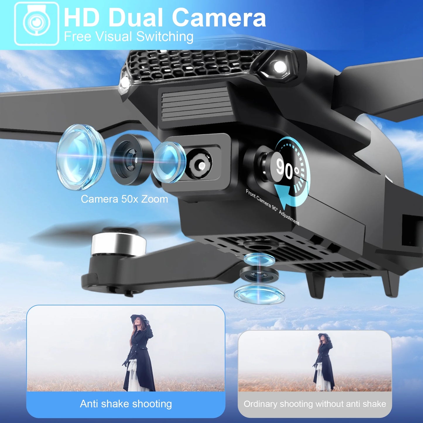 E88 Drone with HD Dual Camera, Mini Drone Foldable RC Quadcopter with Brushless Motor, Toys Gifts for Kids and Adults Beginners, Black