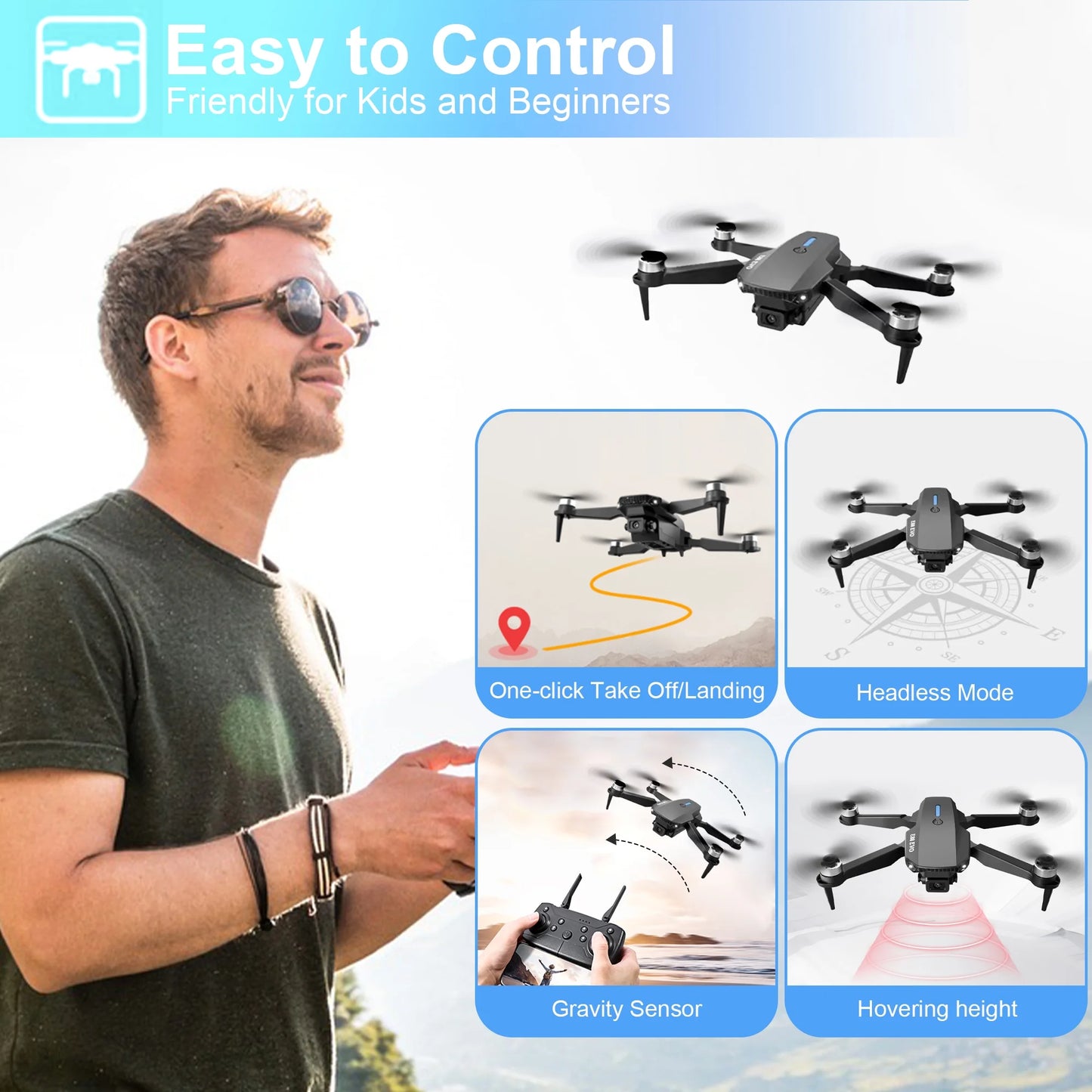 E88 Drone with HD Dual Camera, Mini Drone Foldable RC Quadcopter with Brushless Motor, Toys Gifts for Kids and Adults Beginners, Black